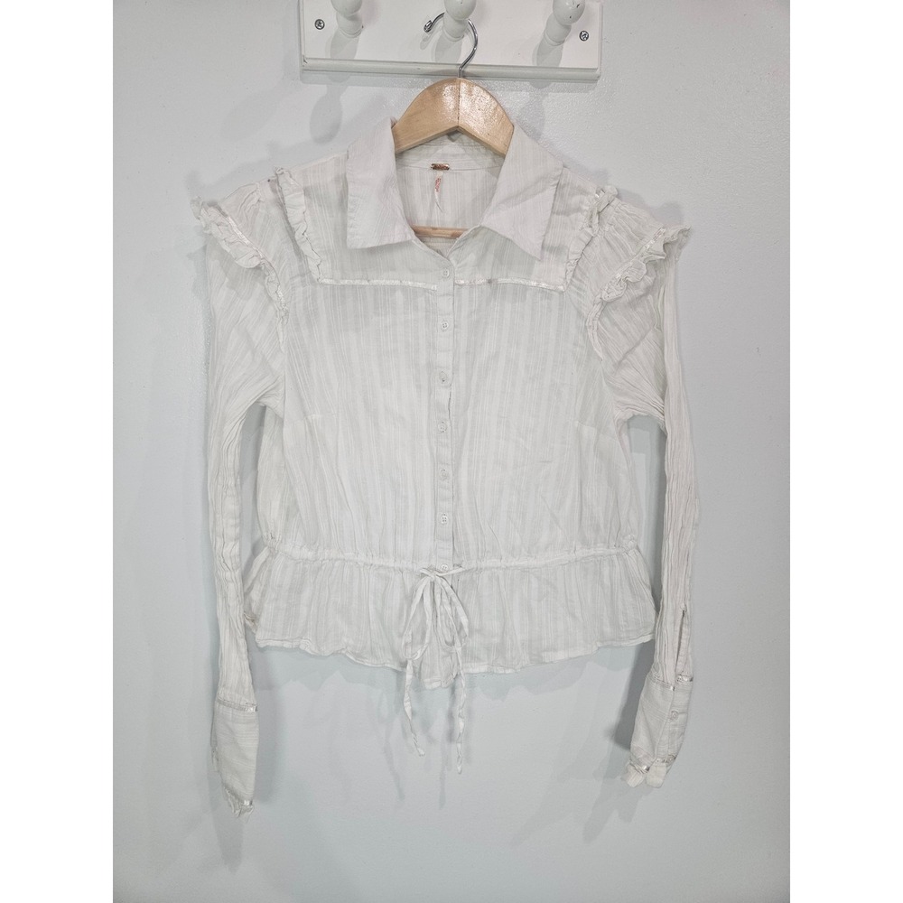Free People White Ruffle Victorian Button Down Blouse Ribbon Trim Medium